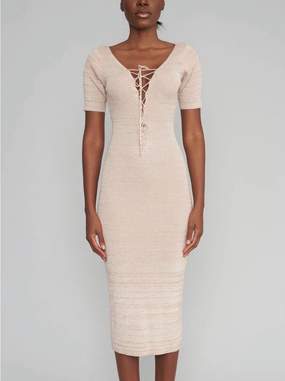 NWOT Lace-Up V-Neck Knit Midi Dress in Cream